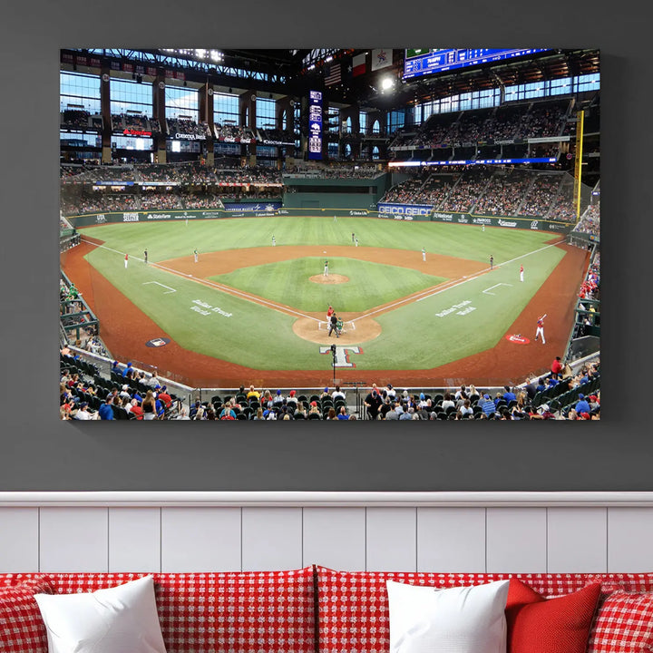 A gallery-wrapped triptych canvas of the Texas Rangers baseball team at Arlington Globe Life Field, boasting museum-quality detail and high-resolution printing.