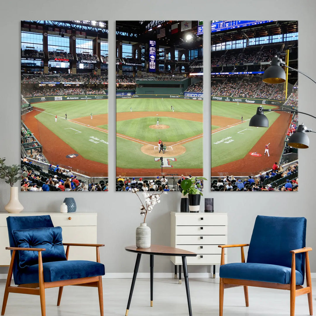 A gallery-wrapped triptych canvas of the Texas Rangers baseball team at Arlington Globe Life Field, boasting museum-quality detail and high-resolution printing.