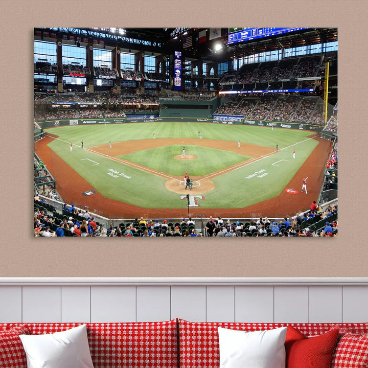 A gallery-wrapped triptych canvas of the Texas Rangers baseball team at Arlington Globe Life Field, boasting museum-quality detail and high-resolution printing.