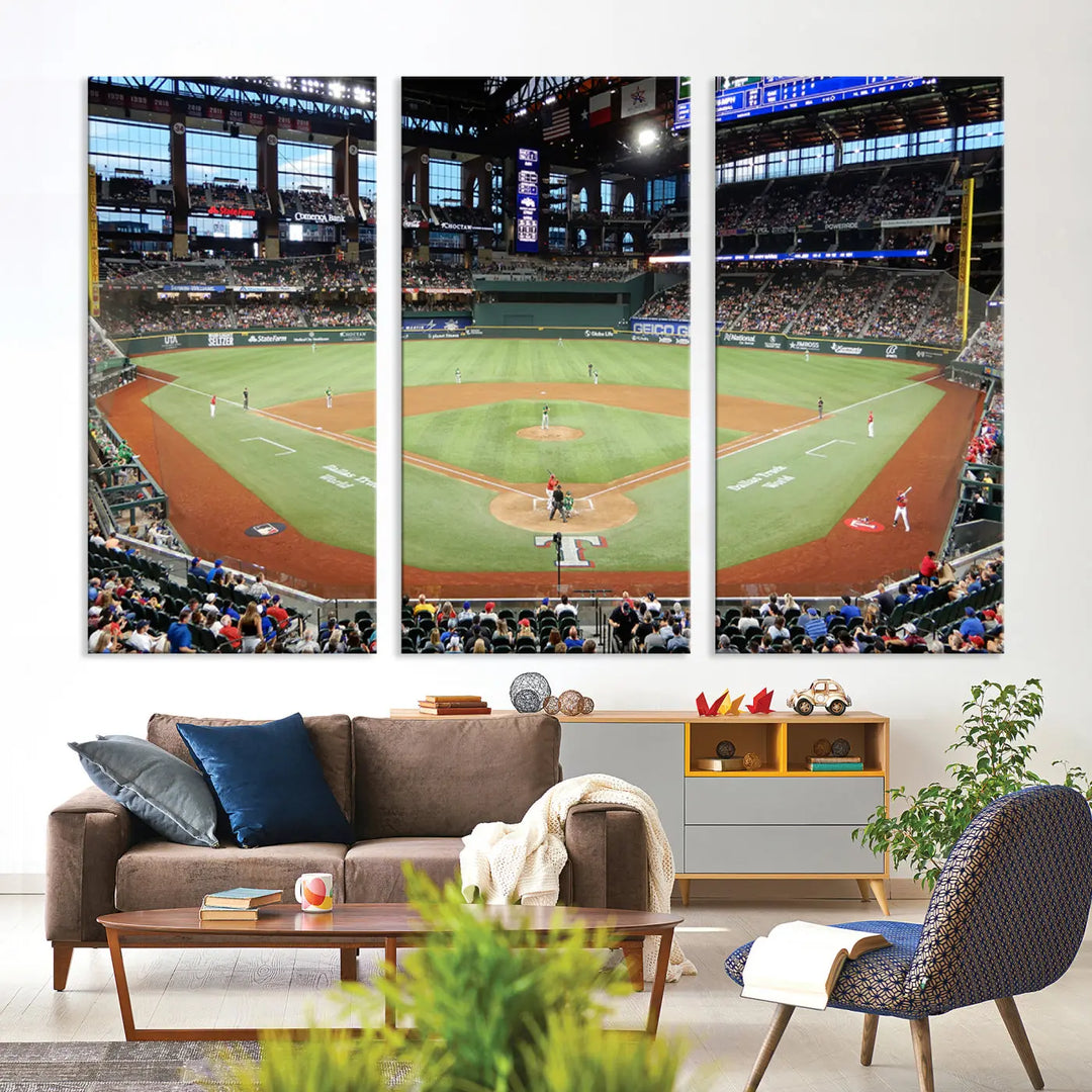 A gallery-wrapped triptych canvas of the Texas Rangers baseball team at Arlington Globe Life Field, boasting museum-quality detail and high-resolution printing.