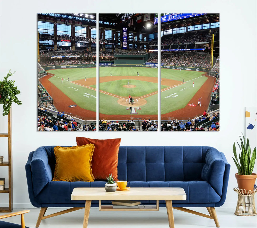 A gallery-wrapped triptych canvas of the Texas Rangers baseball team at Arlington Globe Life Field, boasting museum-quality detail and high-resolution printing.