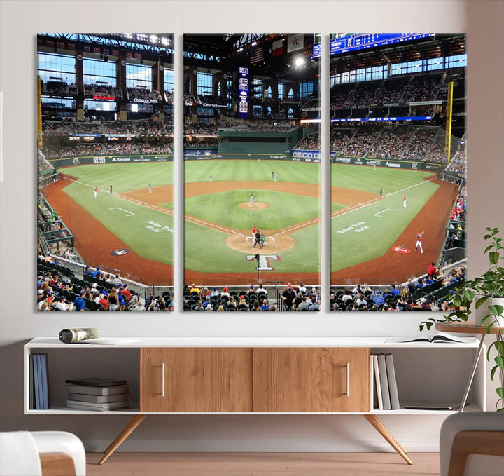 A gallery-wrapped triptych canvas of the Texas Rangers baseball team at Arlington Globe Life Field, boasting museum-quality detail and high-resolution printing.