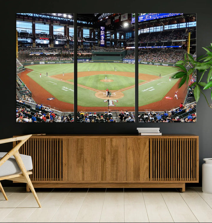 A gallery-wrapped triptych canvas of the Texas Rangers baseball team at Arlington Globe Life Field, boasting museum-quality detail and high-resolution printing.