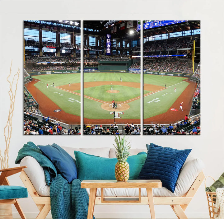 A gallery-wrapped triptych canvas of the Texas Rangers baseball team at Arlington Globe Life Field, boasting museum-quality detail and high-resolution printing.