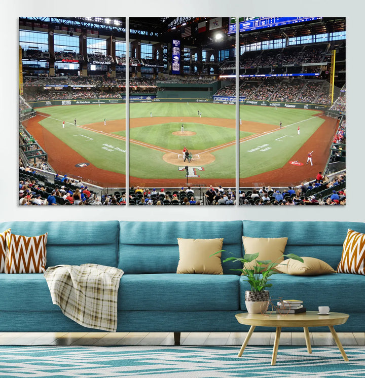 A gallery-wrapped triptych canvas of the Texas Rangers baseball team at Arlington Globe Life Field, boasting museum-quality detail and high-resolution printing.