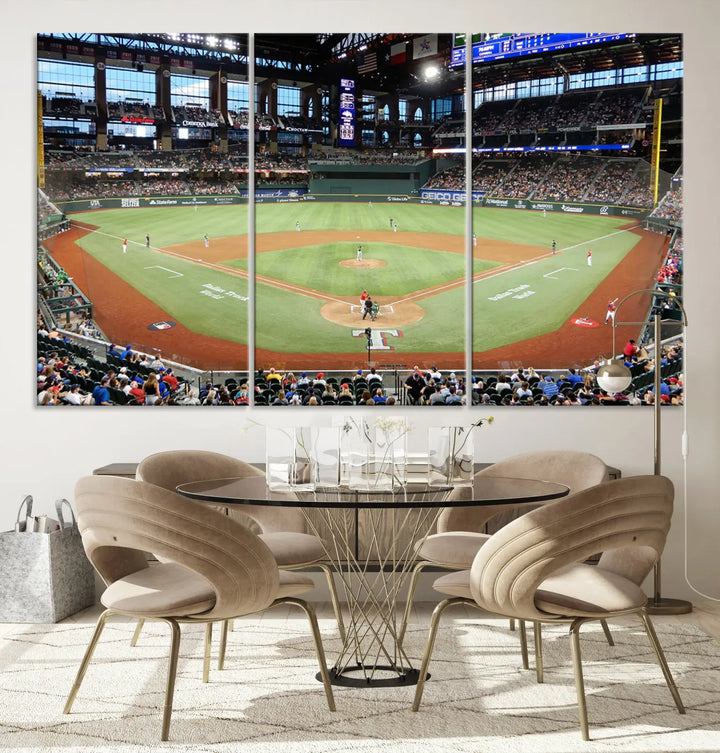 A gallery-wrapped triptych canvas of the Texas Rangers baseball team at Arlington Globe Life Field, boasting museum-quality detail and high-resolution printing.