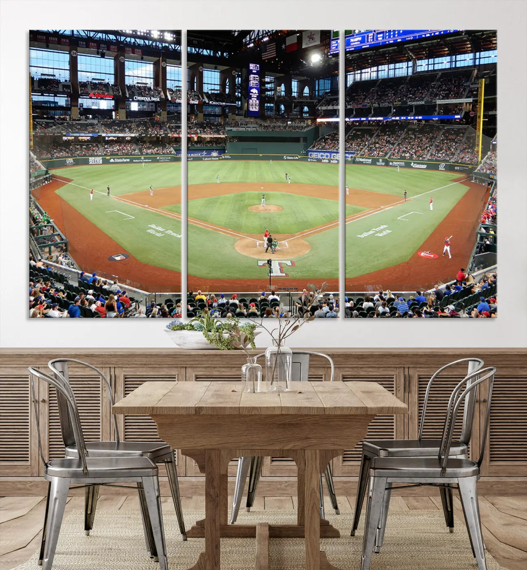 A gallery-wrapped triptych canvas of the Texas Rangers baseball team at Arlington Globe Life Field, boasting museum-quality detail and high-resolution printing.