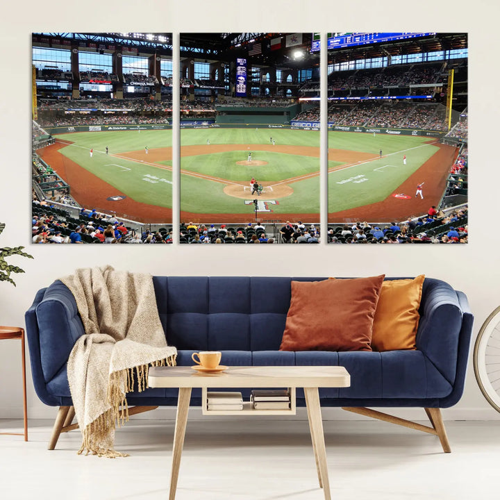 A gallery-wrapped triptych canvas of the Texas Rangers baseball team at Arlington Globe Life Field, boasting museum-quality detail and high-resolution printing.