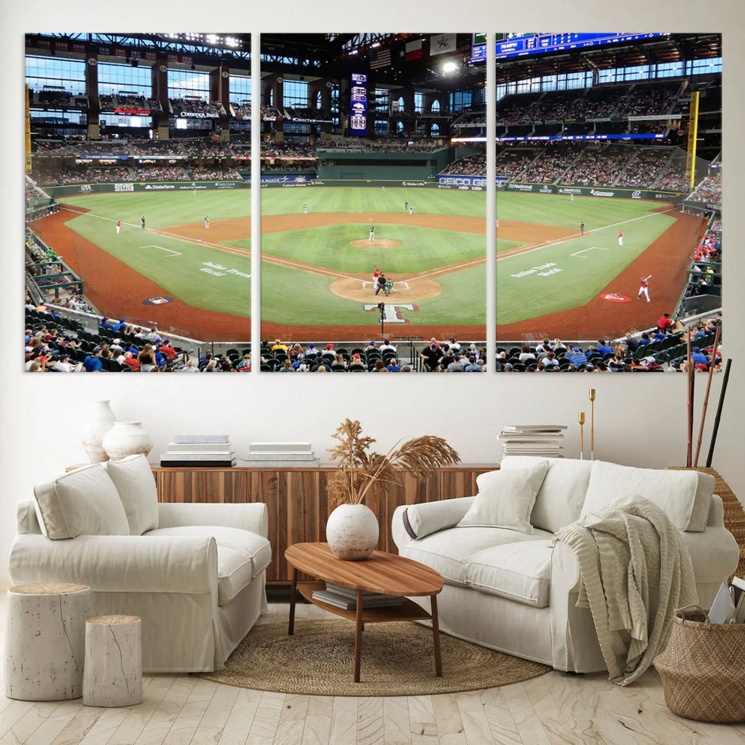 A gallery-wrapped triptych canvas of the Texas Rangers baseball team at Arlington Globe Life Field, boasting museum-quality detail and high-resolution printing.