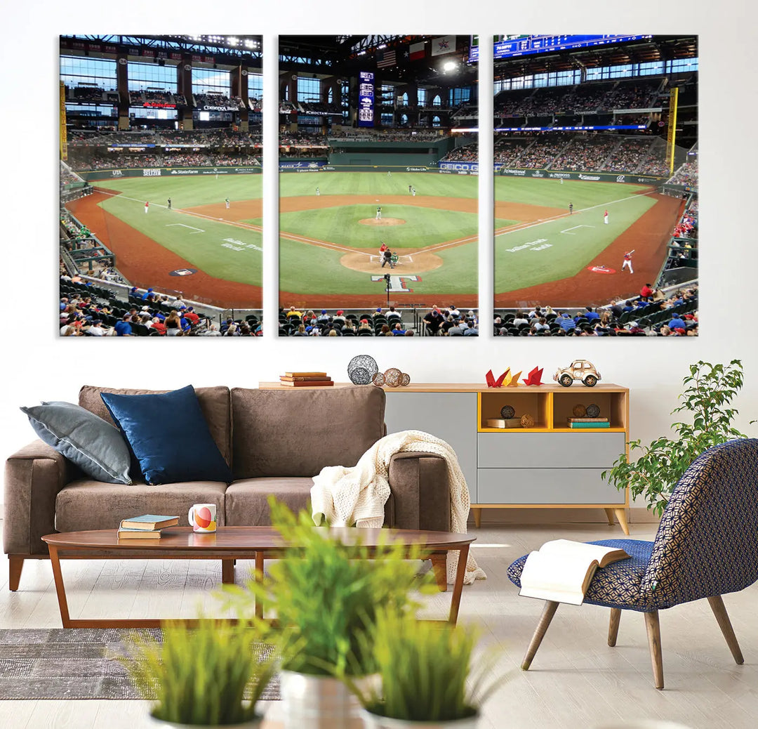 A gallery-wrapped triptych canvas of the Texas Rangers baseball team at Arlington Globe Life Field, boasting museum-quality detail and high-resolution printing.