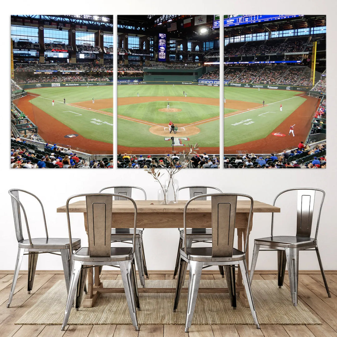 A gallery-wrapped triptych canvas of the Texas Rangers baseball team at Arlington Globe Life Field, boasting museum-quality detail and high-resolution printing.