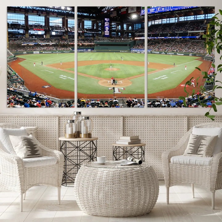 A gallery-wrapped triptych canvas of the Texas Rangers baseball team at Arlington Globe Life Field, boasting museum-quality detail and high-resolution printing.