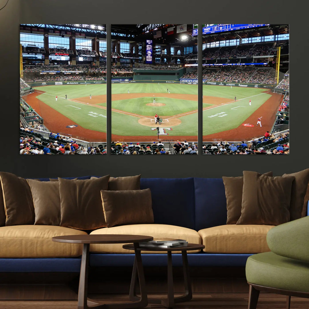 A gallery-wrapped triptych canvas of the Texas Rangers baseball team at Arlington Globe Life Field, boasting museum-quality detail and high-resolution printing.