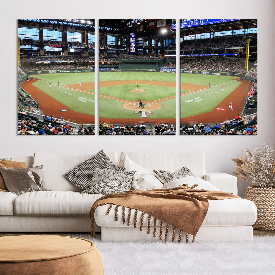 A gallery-wrapped triptych canvas of the Texas Rangers baseball team at Arlington Globe Life Field, boasting museum-quality detail and high-resolution printing.