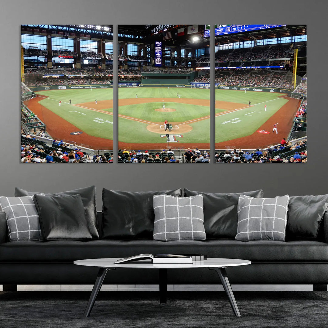 A gallery-wrapped triptych canvas of the Texas Rangers baseball team at Arlington Globe Life Field, boasting museum-quality detail and high-resolution printing.