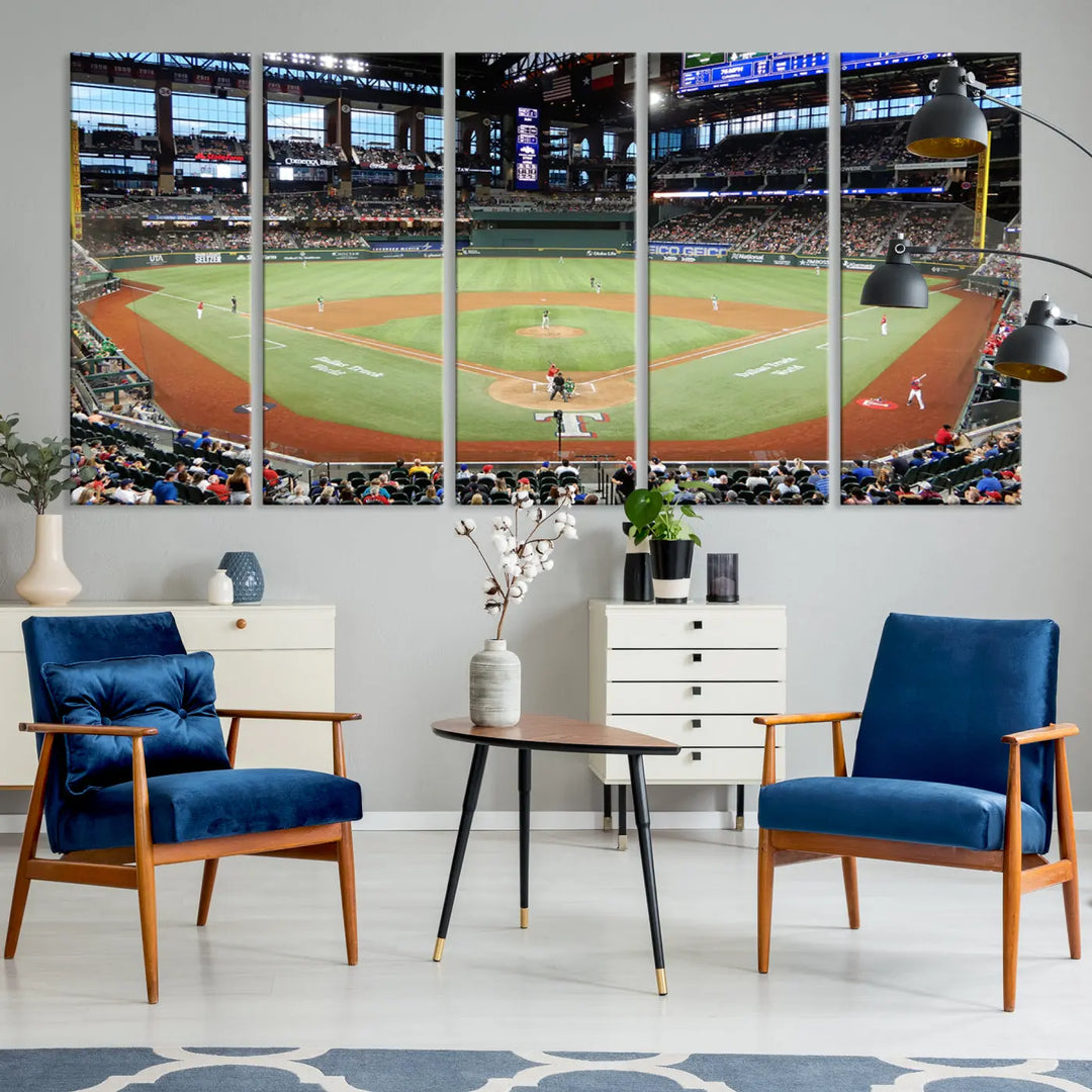 A gallery-wrapped triptych canvas of the Texas Rangers baseball team at Arlington Globe Life Field, boasting museum-quality detail and high-resolution printing.