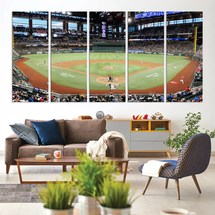 A gallery-wrapped triptych canvas of the Texas Rangers baseball team at Arlington Globe Life Field, boasting museum-quality detail and high-resolution printing.