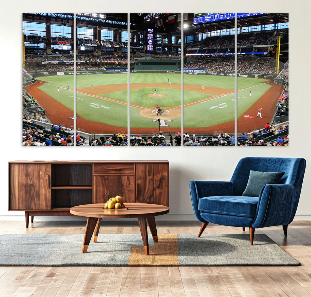 A gallery-wrapped triptych canvas of the Texas Rangers baseball team at Arlington Globe Life Field, boasting museum-quality detail and high-resolution printing.