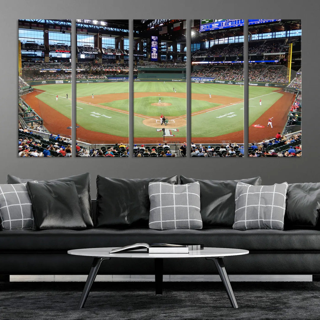 A gallery-wrapped triptych canvas of the Texas Rangers baseball team at Arlington Globe Life Field, boasting museum-quality detail and high-resolution printing.