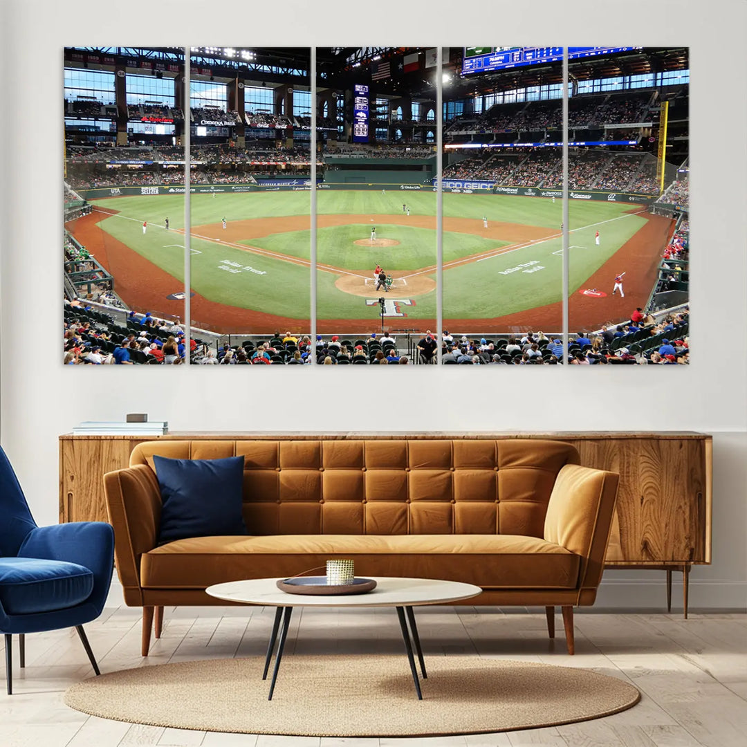 A gallery-wrapped triptych canvas of the Texas Rangers baseball team at Arlington Globe Life Field, boasting museum-quality detail and high-resolution printing.