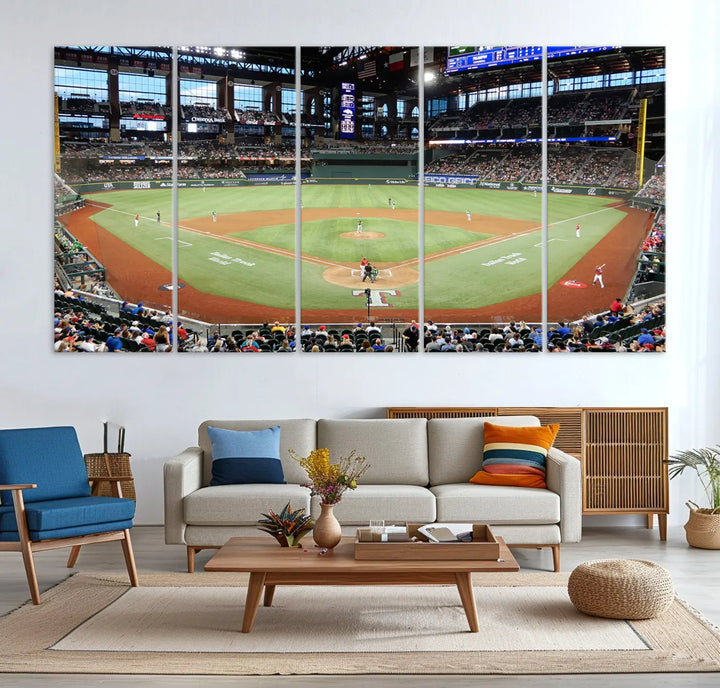 A gallery-wrapped triptych canvas of the Texas Rangers baseball team at Arlington Globe Life Field, boasting museum-quality detail and high-resolution printing.