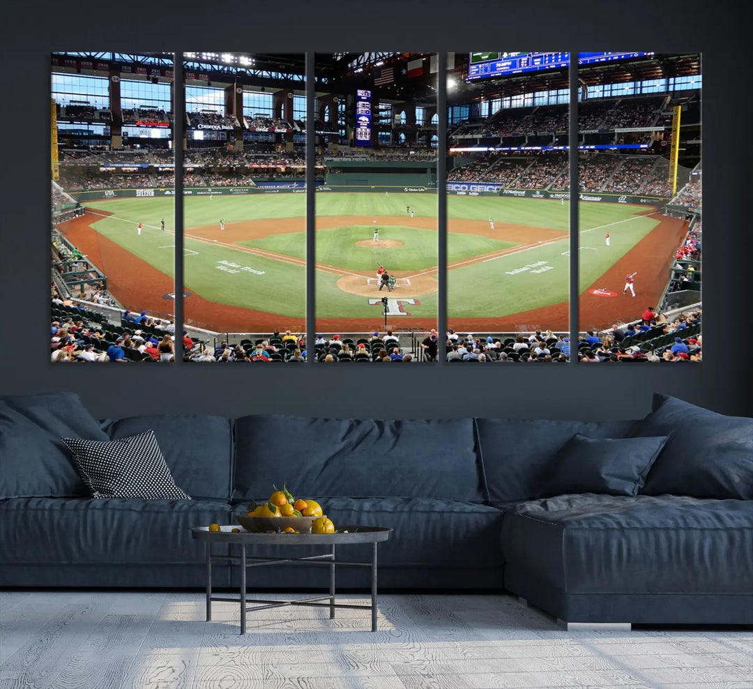 A gallery-wrapped triptych canvas of the Texas Rangers baseball team at Arlington Globe Life Field, boasting museum-quality detail and high-resolution printing.