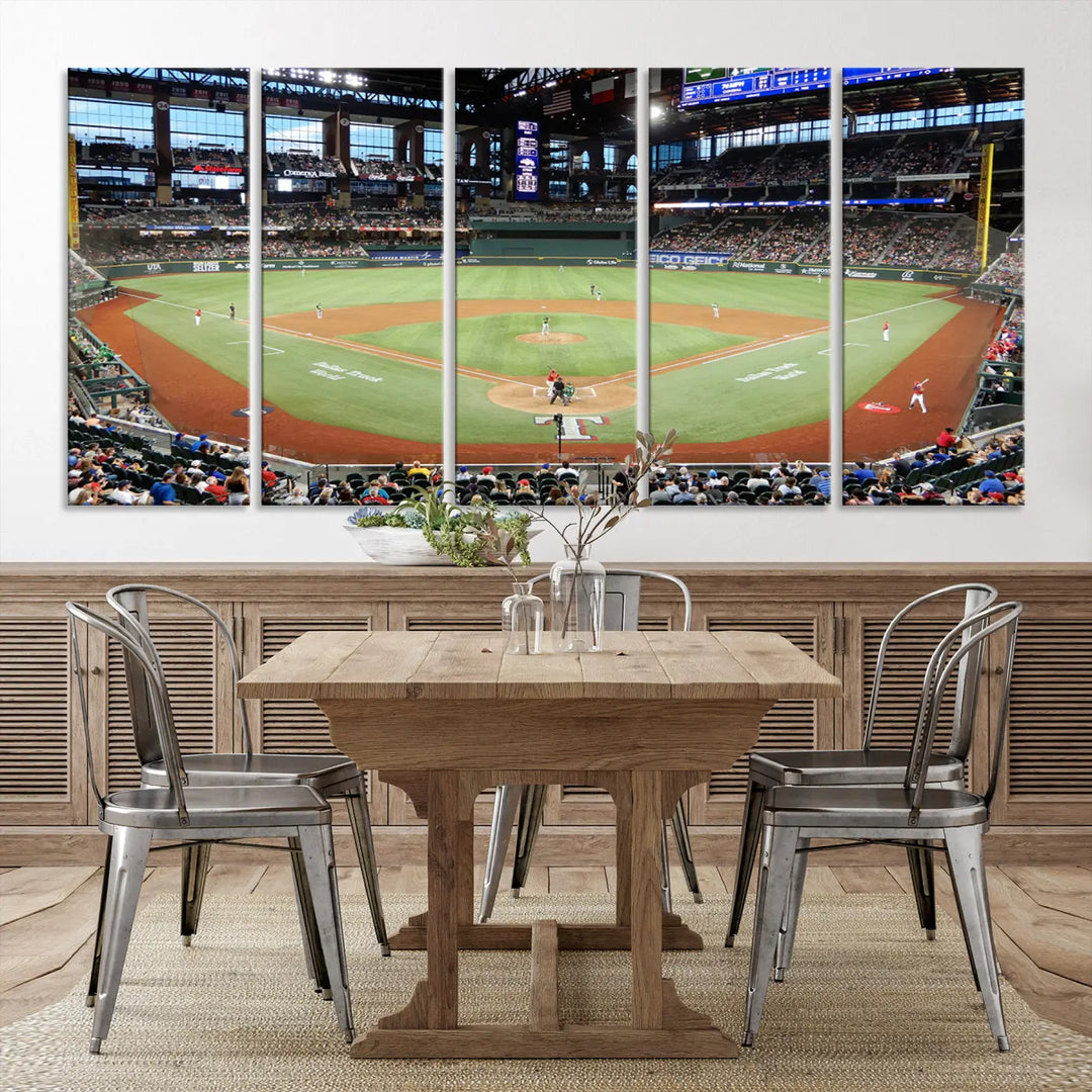 A gallery-wrapped triptych canvas of the Texas Rangers baseball team at Arlington Globe Life Field, boasting museum-quality detail and high-resolution printing.