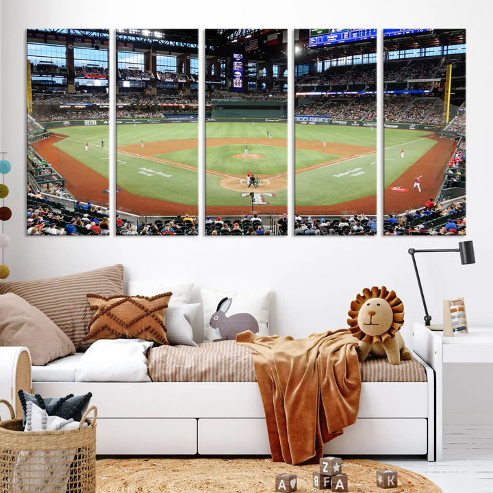 A gallery-wrapped triptych canvas of the Texas Rangers baseball team at Arlington Globe Life Field, boasting museum-quality detail and high-resolution printing.