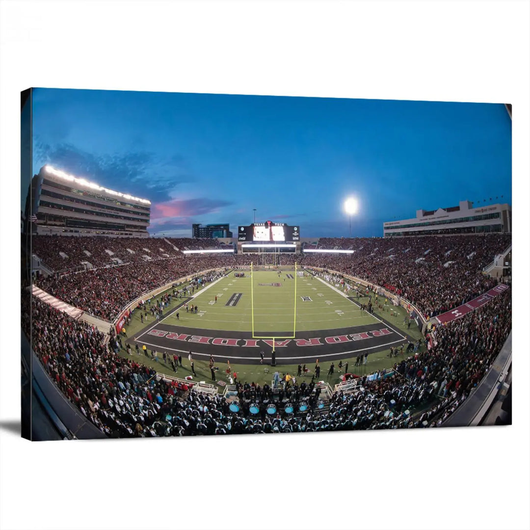 A gallery-quality triptych canvas of the Texas Tech Red Raiders football team print, showcasing Lubbock's Jones AT&T Stadium at twilight from the end zone, hangs on the wall. This stunning piece of wall art canvas print is handmade in the USA, elevating any space with its dynamic and immersive presence.