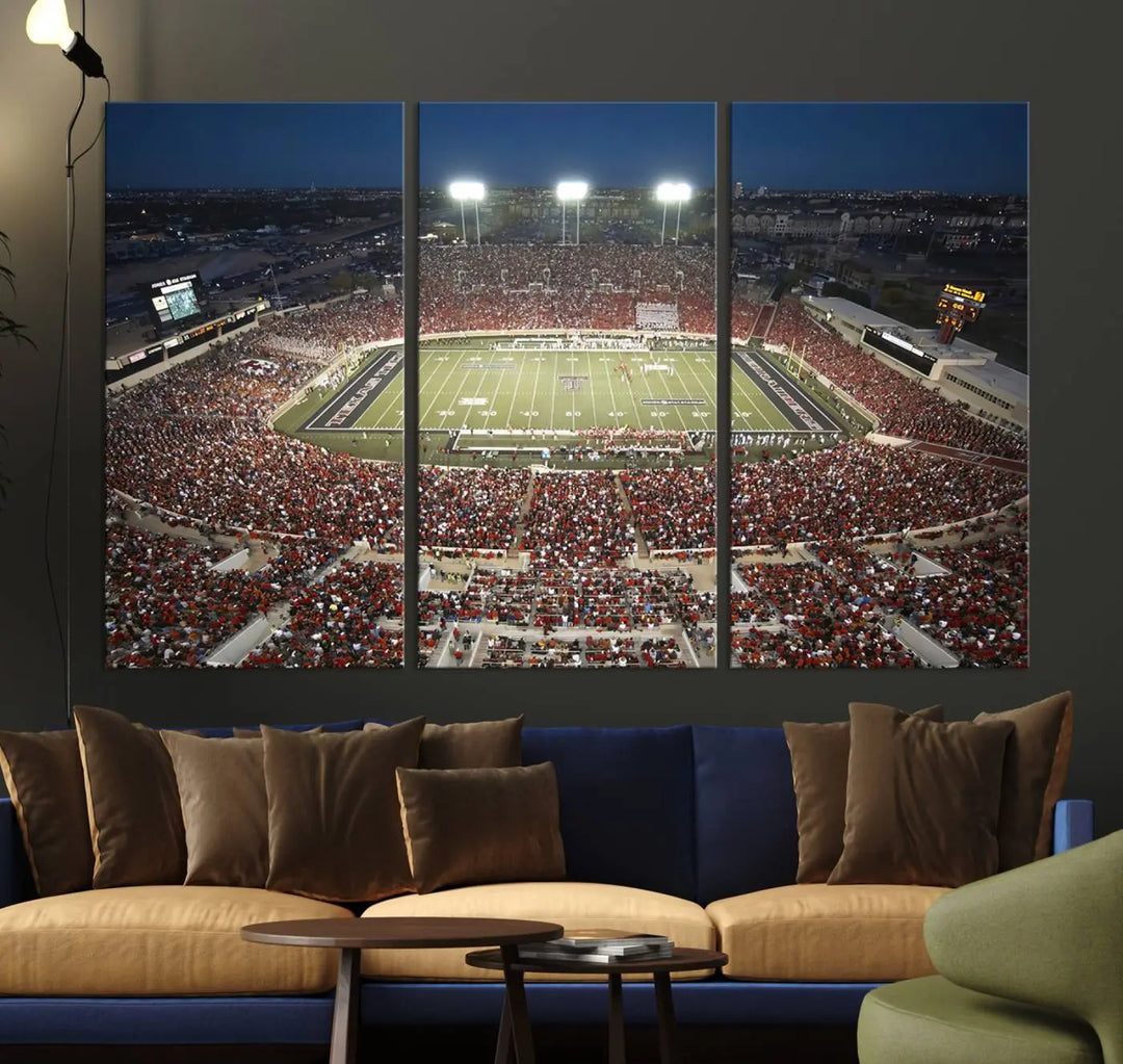 The Texas Tech Red Raiders Football Team Print, featuring Lubbock's Jones AT&T Stadium on a high-quality canvas, serves as stunning wall art that enriches the modern living room.