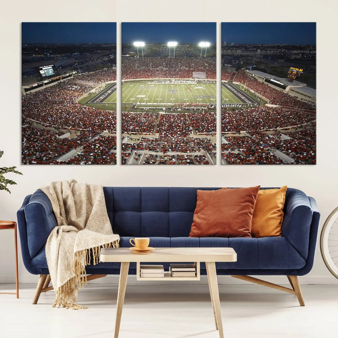 The Texas Tech Red Raiders Football Team Print, featuring Lubbock's Jones AT&T Stadium on a high-quality canvas, serves as stunning wall art that enriches the modern living room.