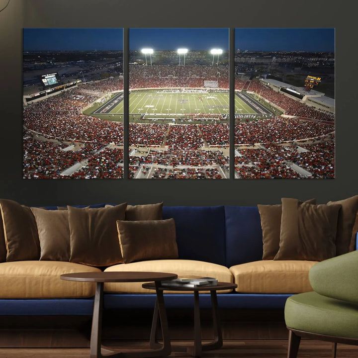 The Texas Tech Red Raiders Football Team Print, featuring Lubbock's Jones AT&T Stadium on a high-quality canvas, serves as stunning wall art that enriches the modern living room.