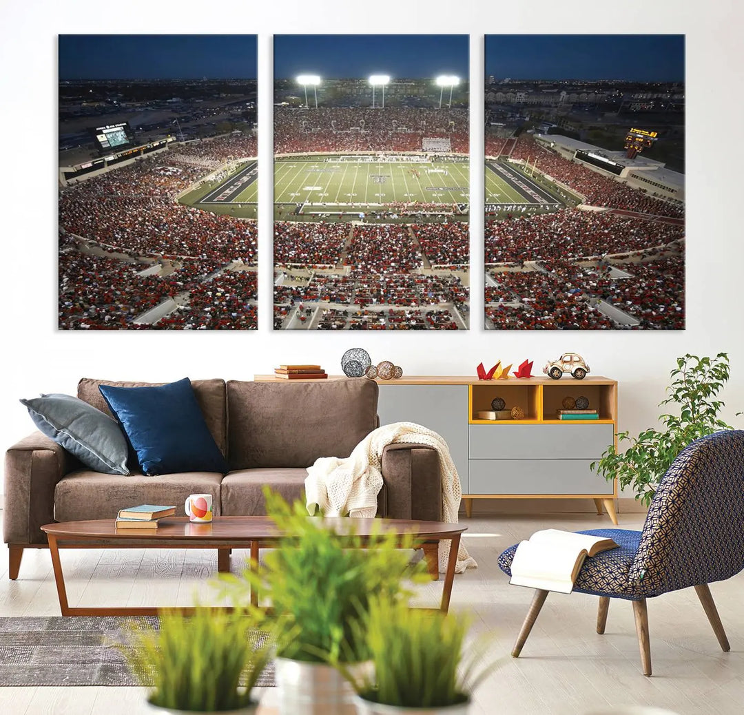 The Texas Tech Red Raiders Football Team Print, featuring Lubbock's Jones AT&T Stadium on a high-quality canvas, serves as stunning wall art that enriches the modern living room.