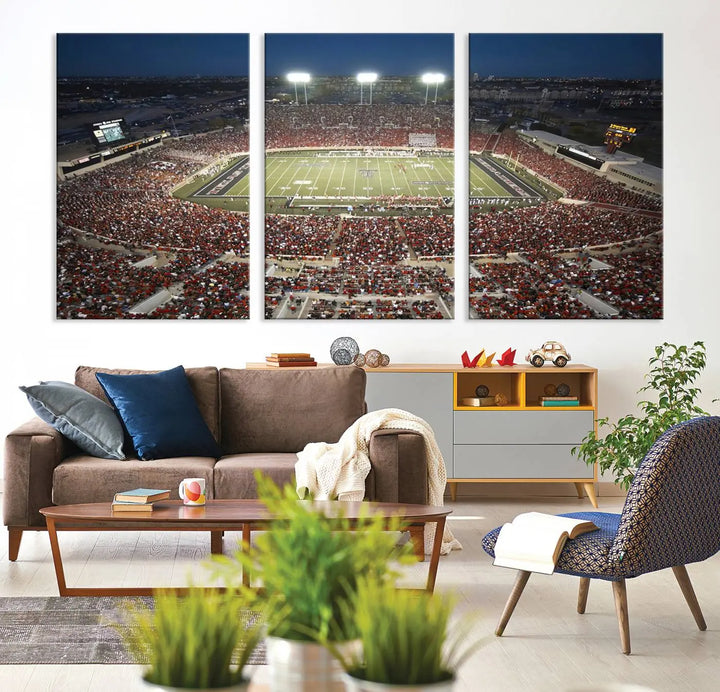 The Texas Tech Red Raiders Football Team Print, featuring Lubbock's Jones AT&T Stadium on a high-quality canvas, serves as stunning wall art that enriches the modern living room.