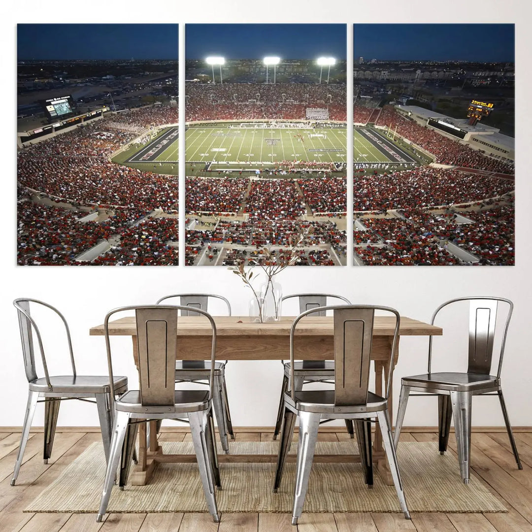 The Texas Tech Red Raiders Football Team Print, featuring Lubbock's Jones AT&T Stadium on a high-quality canvas, serves as stunning wall art that enriches the modern living room.