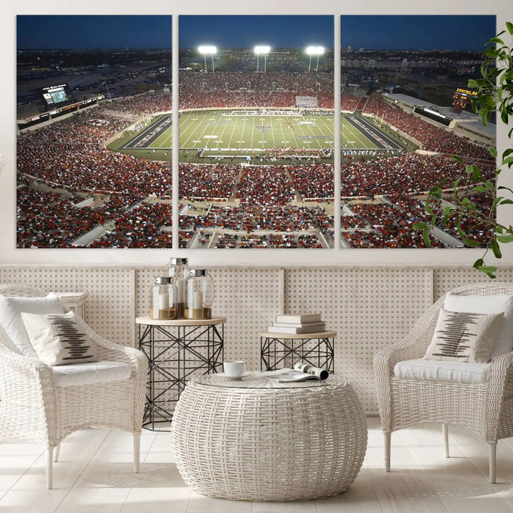 The Texas Tech Red Raiders Football Team Print, featuring Lubbock's Jones AT&T Stadium on a high-quality canvas, serves as stunning wall art that enriches the modern living room.