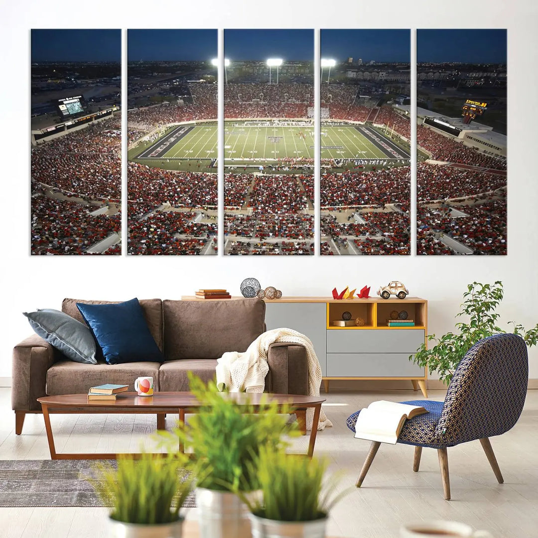 The Texas Tech Red Raiders Football Team Print, featuring Lubbock's Jones AT&T Stadium on a high-quality canvas, serves as stunning wall art that enriches the modern living room.