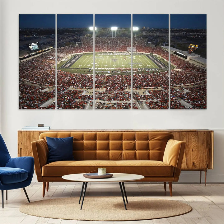 The Texas Tech Red Raiders Football Team Print, featuring Lubbock's Jones AT&T Stadium on a high-quality canvas, serves as stunning wall art that enriches the modern living room.