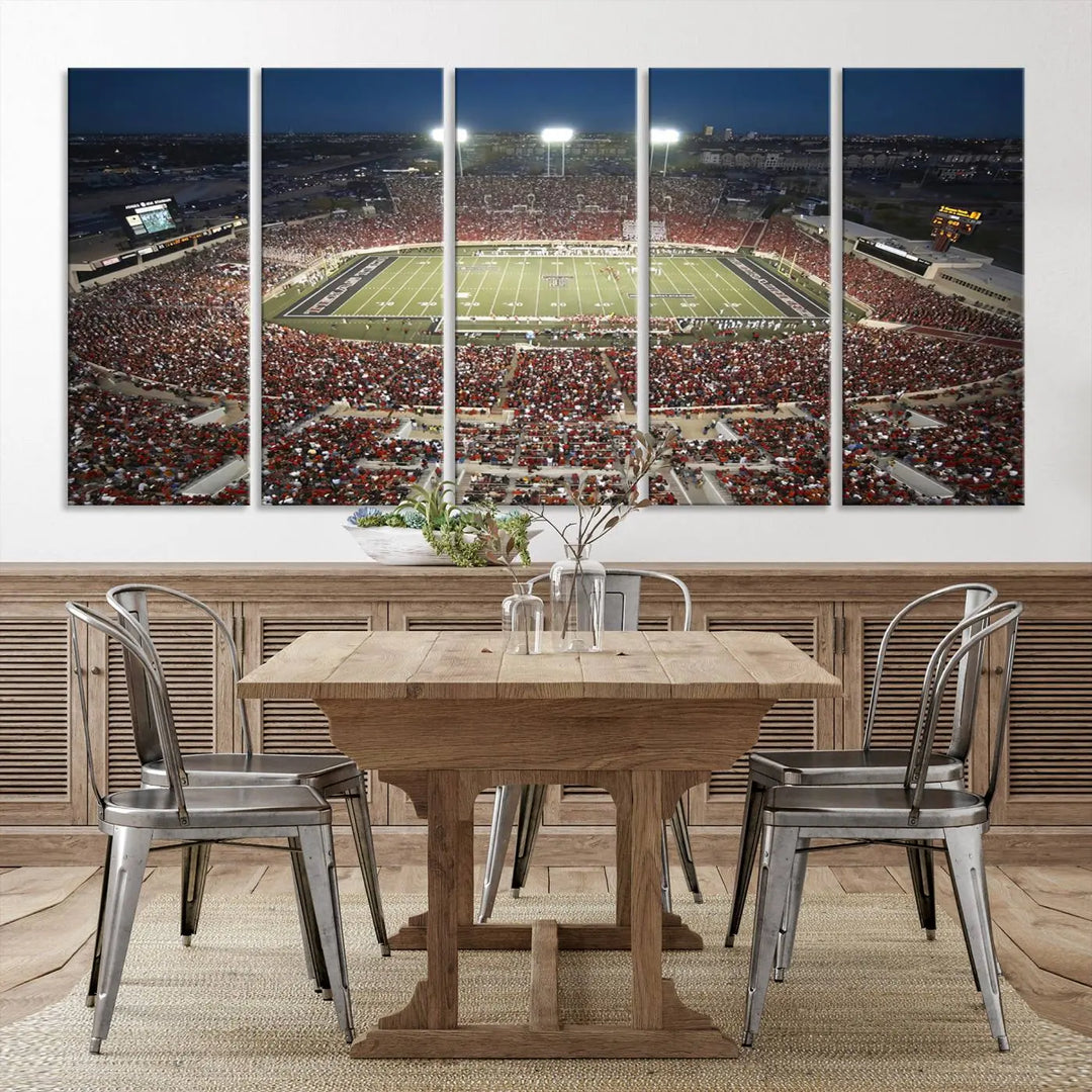 The Texas Tech Red Raiders Football Team Print, featuring Lubbock's Jones AT&T Stadium on a high-quality canvas, serves as stunning wall art that enriches the modern living room.