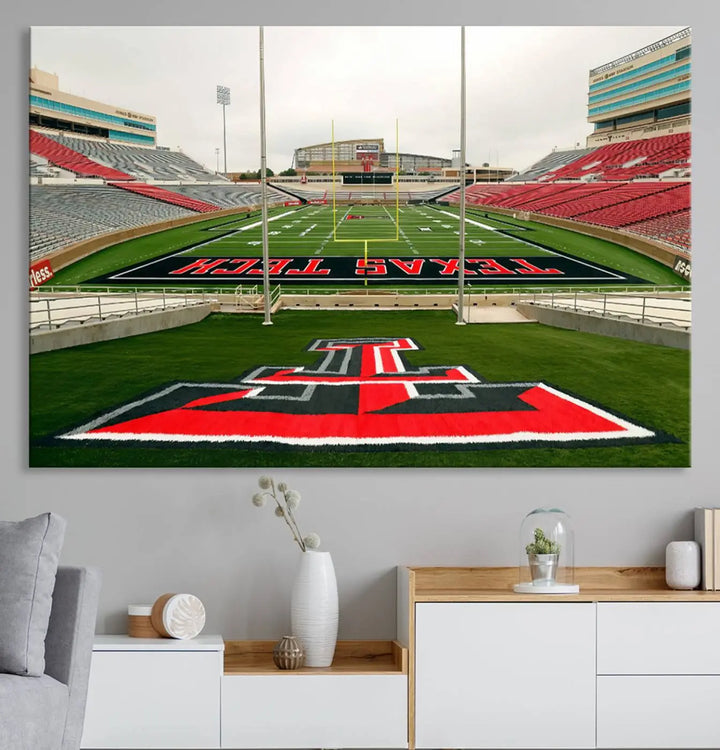 The Texas Tech Red Raiders Football Team Print, featuring the Lubbock Jones AT&T Stadium, is elegantly displayed in a gallery-quality finish across three panels. This wall art enhances the modern living room ambiance.