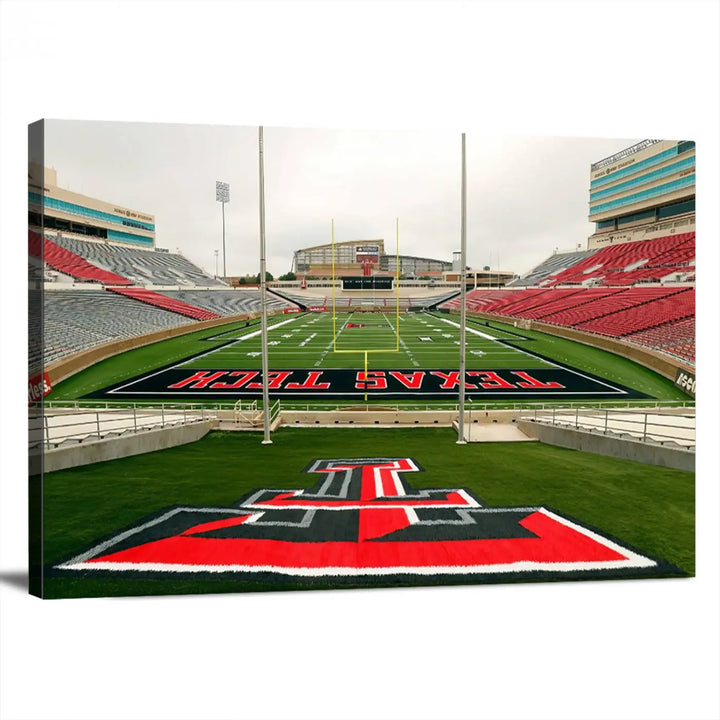 The Texas Tech Red Raiders Football Team Print, featuring the Lubbock Jones AT&T Stadium, is elegantly displayed in a gallery-quality finish across three panels. This wall art enhances the modern living room ambiance.