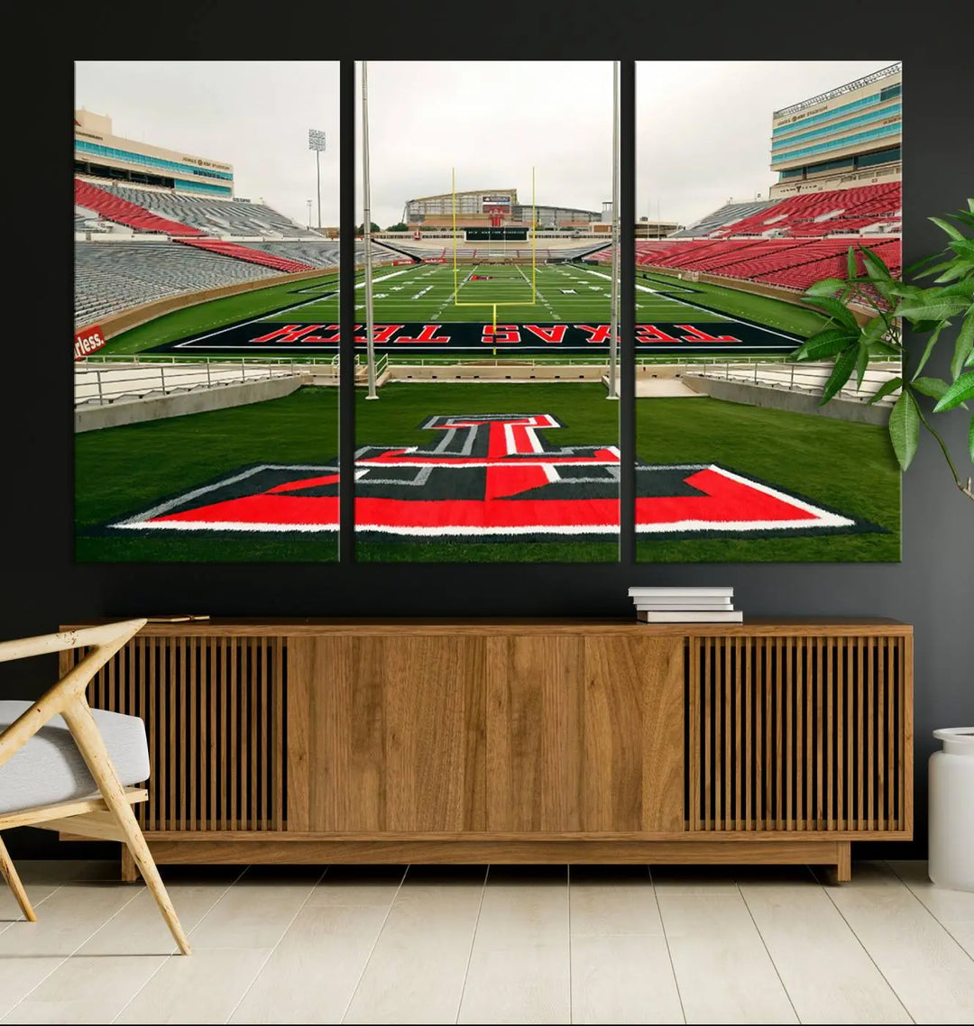 The Texas Tech Red Raiders Football Team Print, featuring the Lubbock Jones AT&T Stadium, is elegantly displayed in a gallery-quality finish across three panels. This wall art enhances the modern living room ambiance.