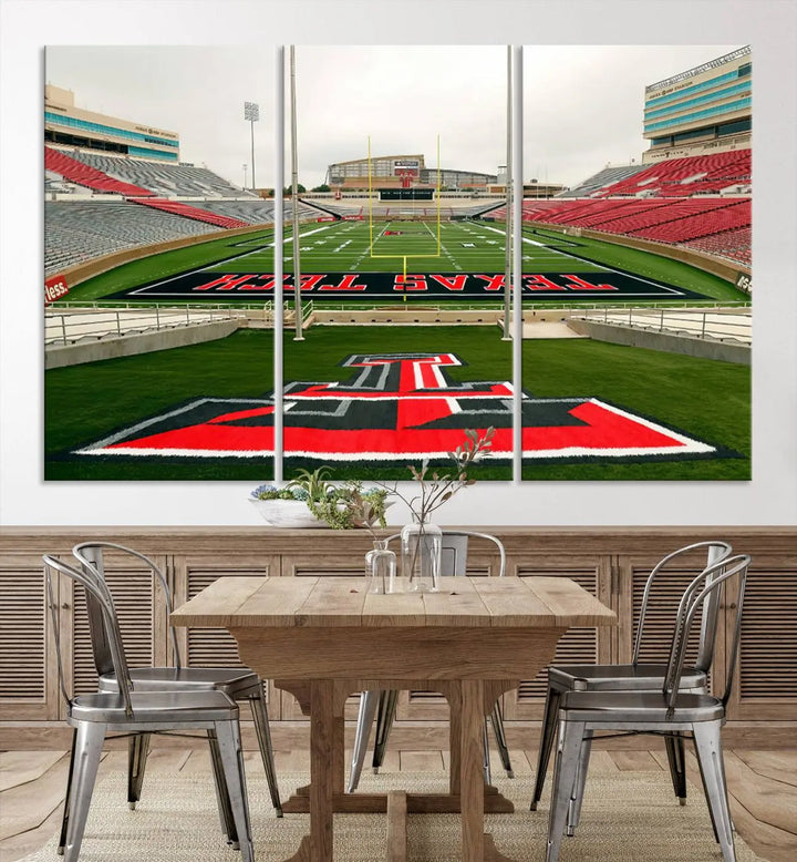 The Texas Tech Red Raiders Football Team Print, featuring the Lubbock Jones AT&T Stadium, is elegantly displayed in a gallery-quality finish across three panels. This wall art enhances the modern living room ambiance.