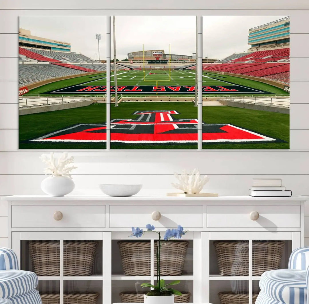 The Texas Tech Red Raiders Football Team Print, featuring the Lubbock Jones AT&T Stadium, is elegantly displayed in a gallery-quality finish across three panels. This wall art enhances the modern living room ambiance.