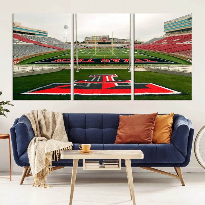 The Texas Tech Red Raiders Football Team Print, featuring the Lubbock Jones AT&T Stadium, is elegantly displayed in a gallery-quality finish across three panels. This wall art enhances the modern living room ambiance.