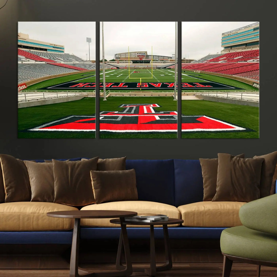 The Texas Tech Red Raiders Football Team Print, featuring the Lubbock Jones AT&T Stadium, is elegantly displayed in a gallery-quality finish across three panels. This wall art enhances the modern living room ambiance.