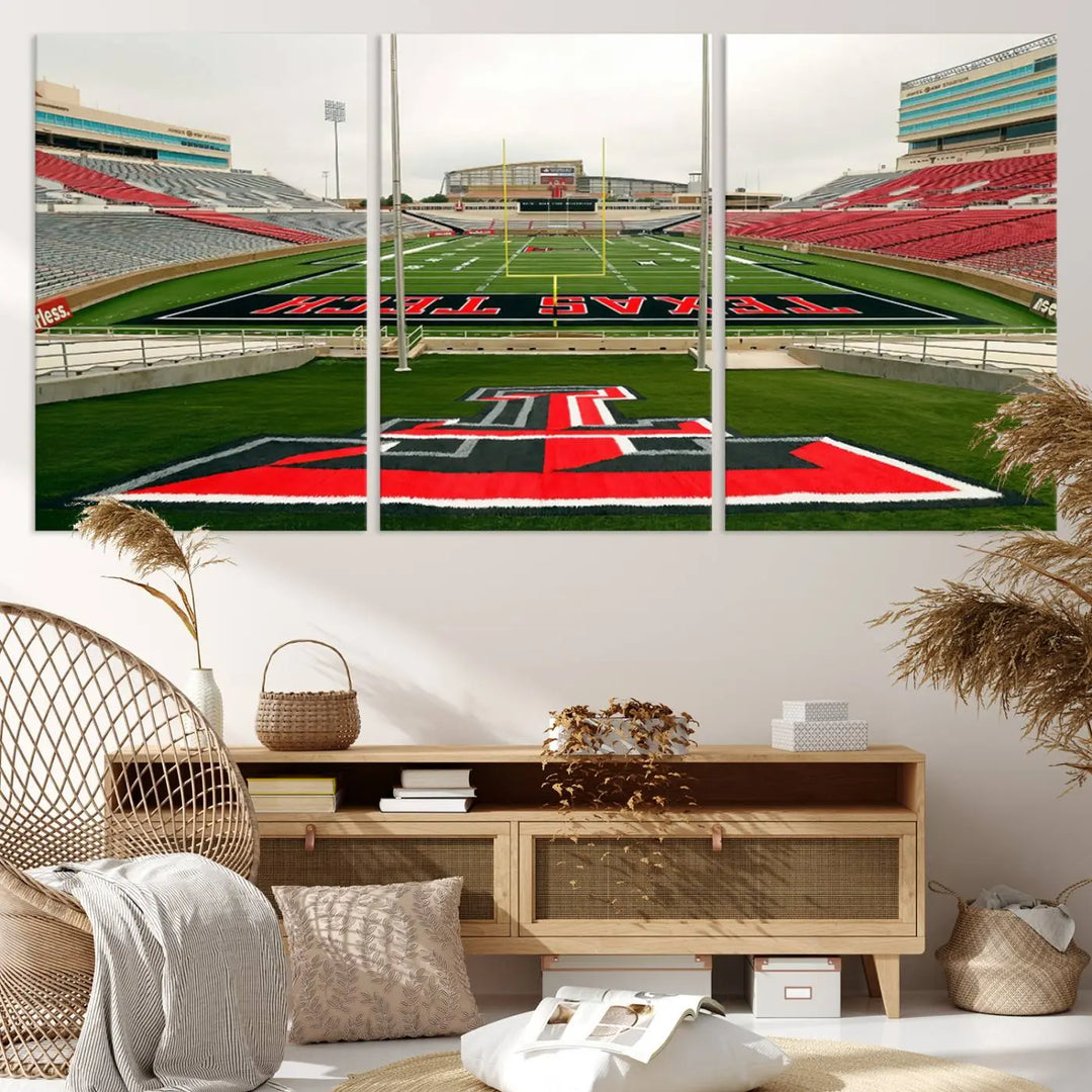 The Texas Tech Red Raiders Football Team Print, featuring the Lubbock Jones AT&T Stadium, is elegantly displayed in a gallery-quality finish across three panels. This wall art enhances the modern living room ambiance.