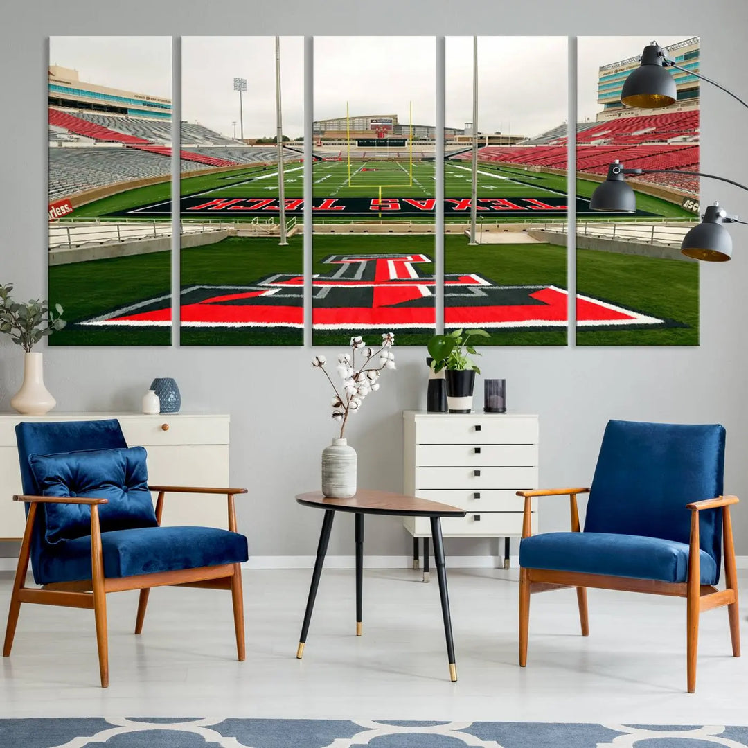 The Texas Tech Red Raiders Football Team Print, featuring the Lubbock Jones AT&T Stadium, is elegantly displayed in a gallery-quality finish across three panels. This wall art enhances the modern living room ambiance.