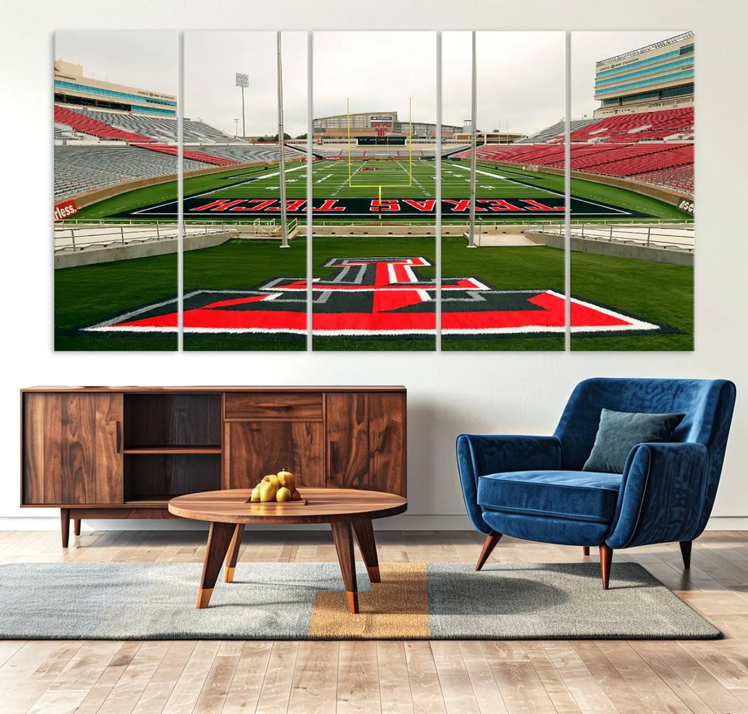 The Texas Tech Red Raiders Football Team Print, featuring the Lubbock Jones AT&T Stadium, is elegantly displayed in a gallery-quality finish across three panels. This wall art enhances the modern living room ambiance.