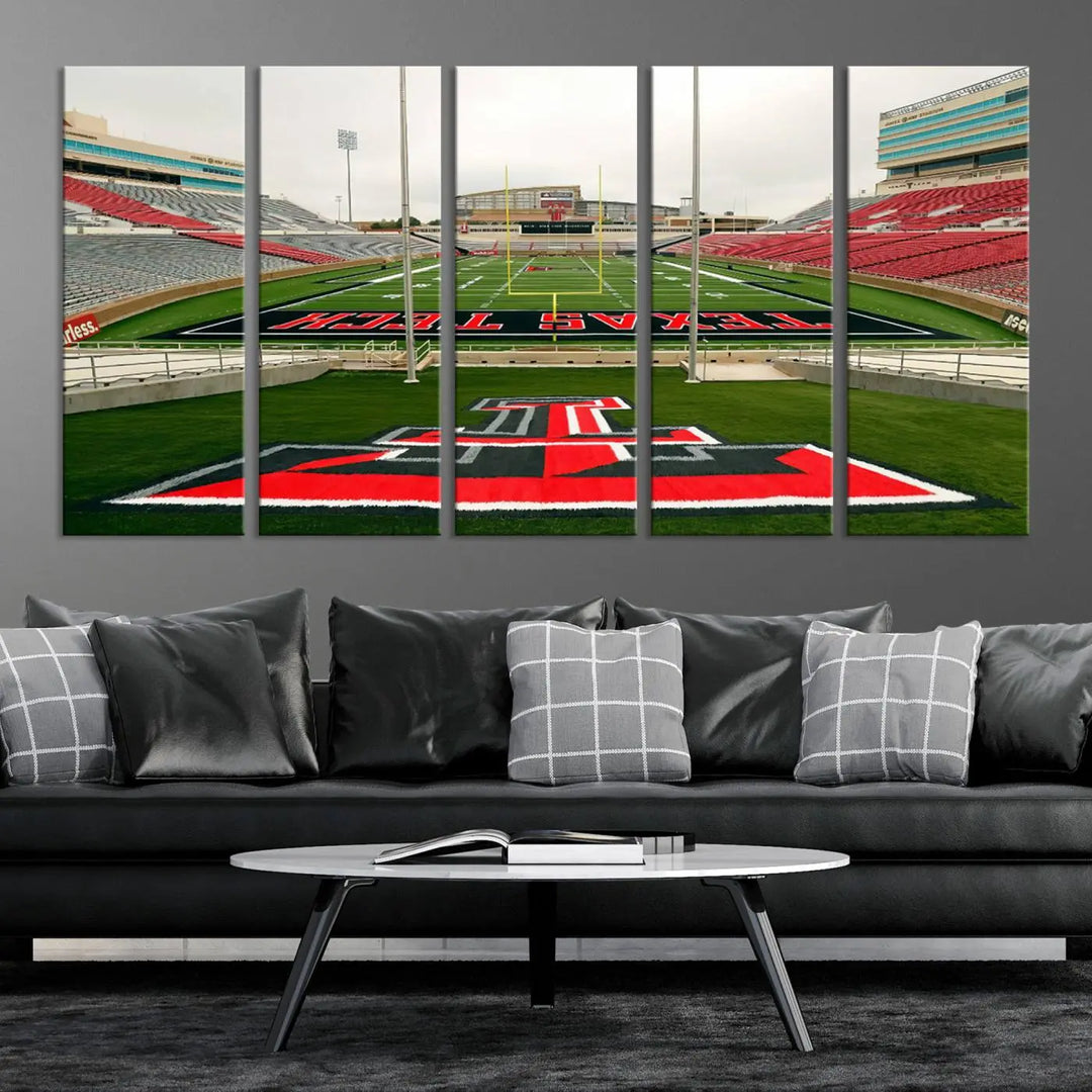 The Texas Tech Red Raiders Football Team Print, featuring the Lubbock Jones AT&T Stadium, is elegantly displayed in a gallery-quality finish across three panels. This wall art enhances the modern living room ambiance.